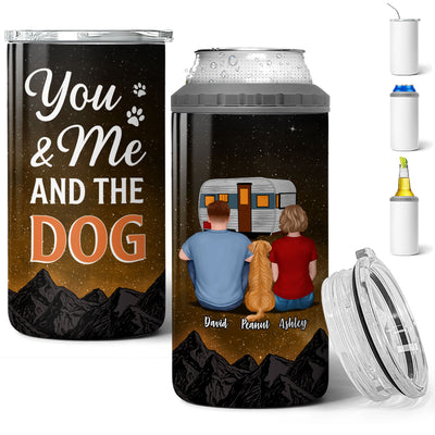 Couple And Dogs Camping Multi-Use Tumbler - Personalized 4 In 1 Can Cooler - Gift For Camping Lovers, Dog Mom, Dog Dad