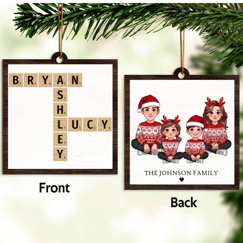 Animated Family Crossword Puzzle Art Personalized Double Sided Wooden Ornament