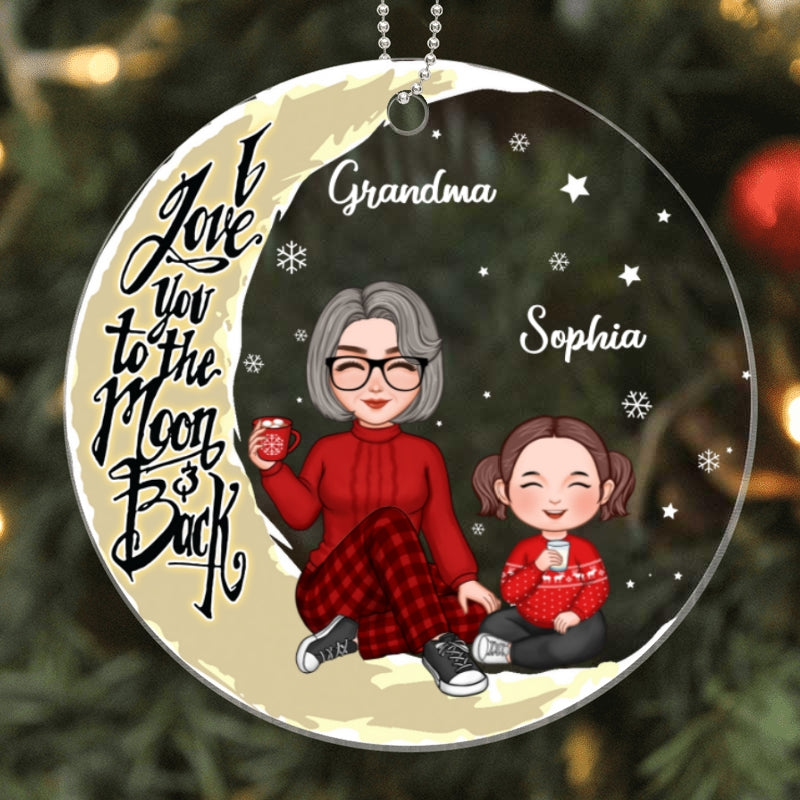 Cute Grandma & Grandkids On Yellow Moon Personalized Acrylic Ornament