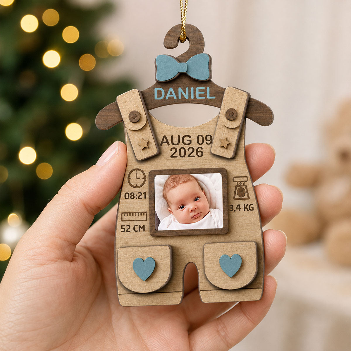 Baby First Christmas Birth Stats Birth Sign - Personalized 2-Layered Wooden Ornament - Baby Milestone Keepsake, Newborn Memory Photo, Birth Announcement