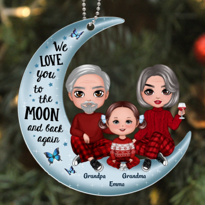 Grandpa Grandma Grandparents & Kid On Moon Christmas Gift - Personalized Acrylic Ornament - Christmas Gift