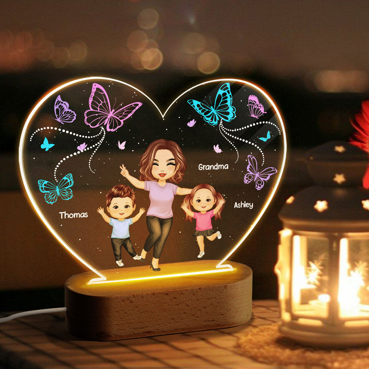 Butterflies Happy Doll Grandma Mom And Kids Personalized Heart Acrylic Plaque Warm LED Night Light