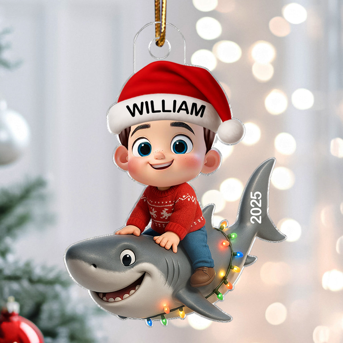 3D Effect Cute Cartoon Kid With Dinosaur Christmas - Personalized Acrylic Ornament - Unique Gift For Grandkids