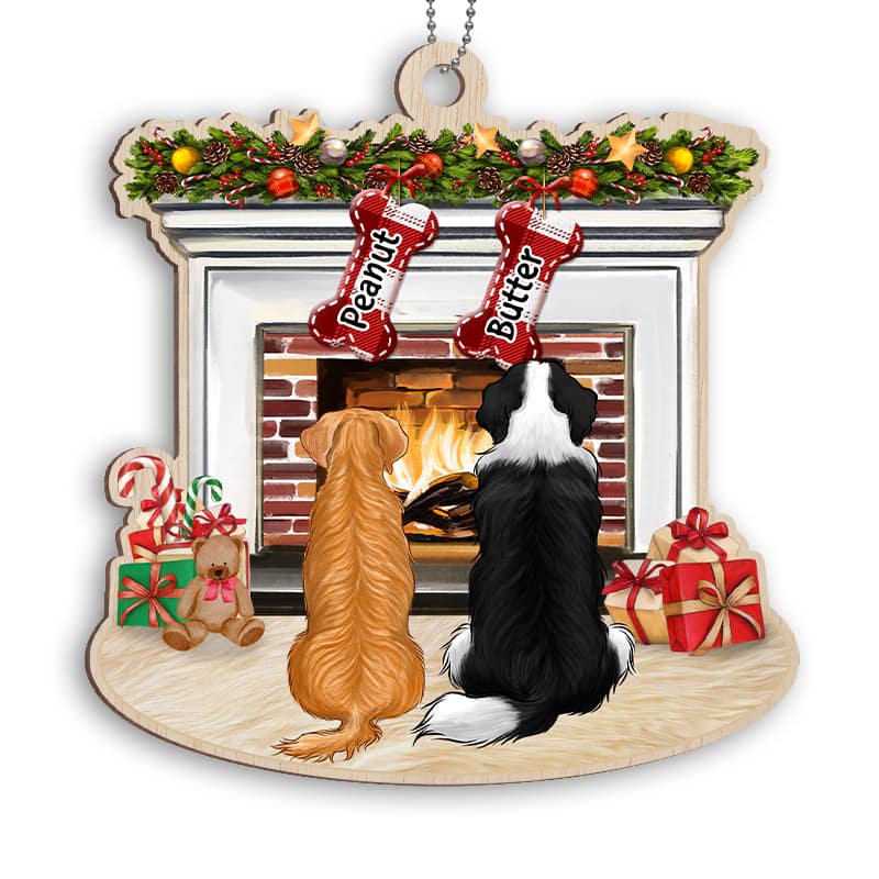 Christmas Dogs At Fireplace Personalized Wooden Ornament