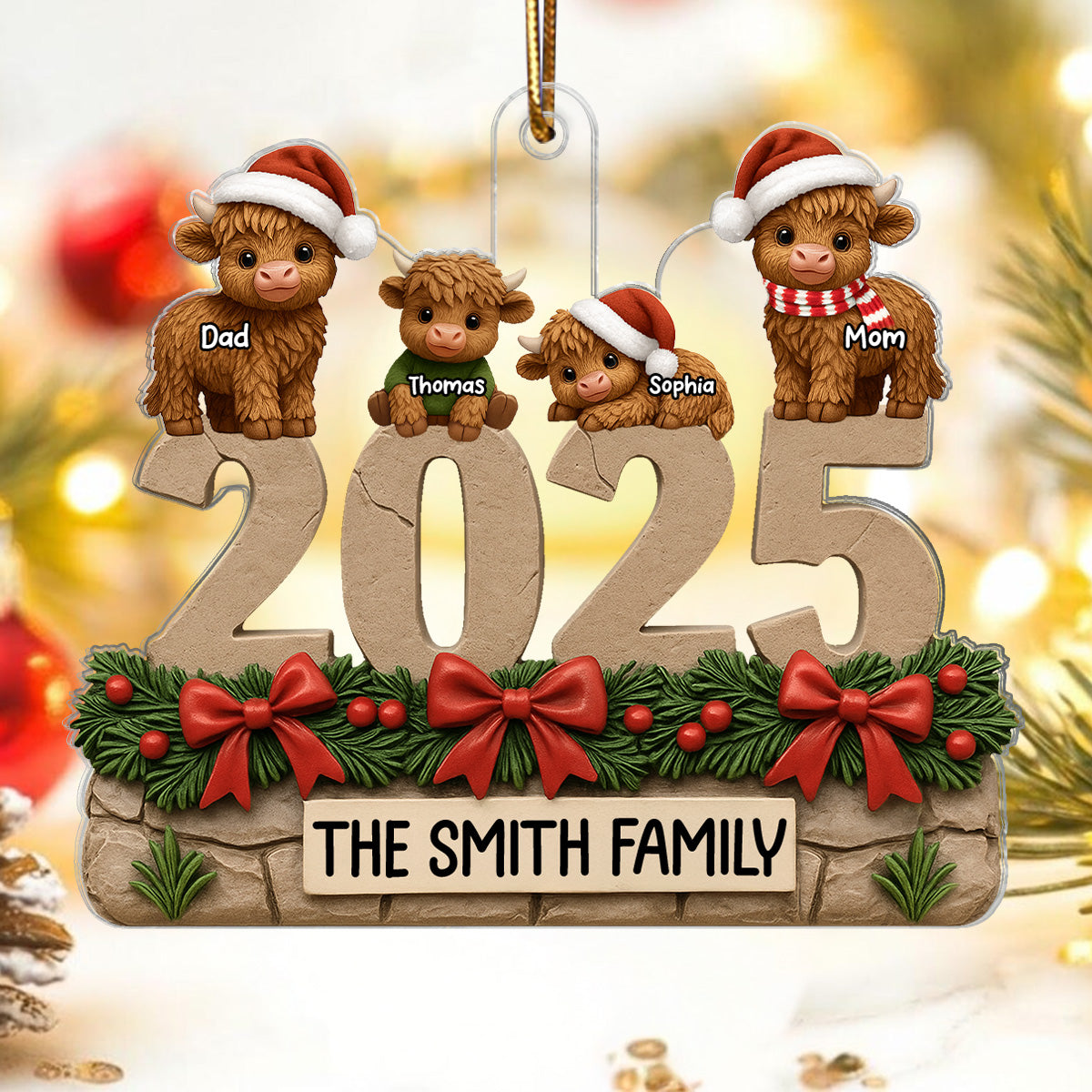 3D Effect Christmas Highland Cows Family Dad Mom Kids - Personalized Acrylic Ornament - Gift For Family