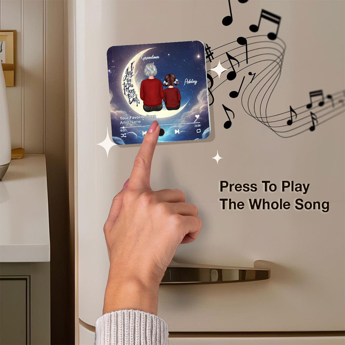Grandma & Grandkids Sitting On The Moon Personalized Music Fridge Magnet, Perfect 2025 Gift For Mom For Grandma