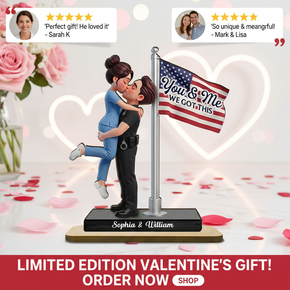 Proud Hero Couple Nation Flag - Personalized 2-Layered Wooden Plaque - Heartfelt Gift For Couple, For Him, For Her, Nurse, Police, Firefighter, Army