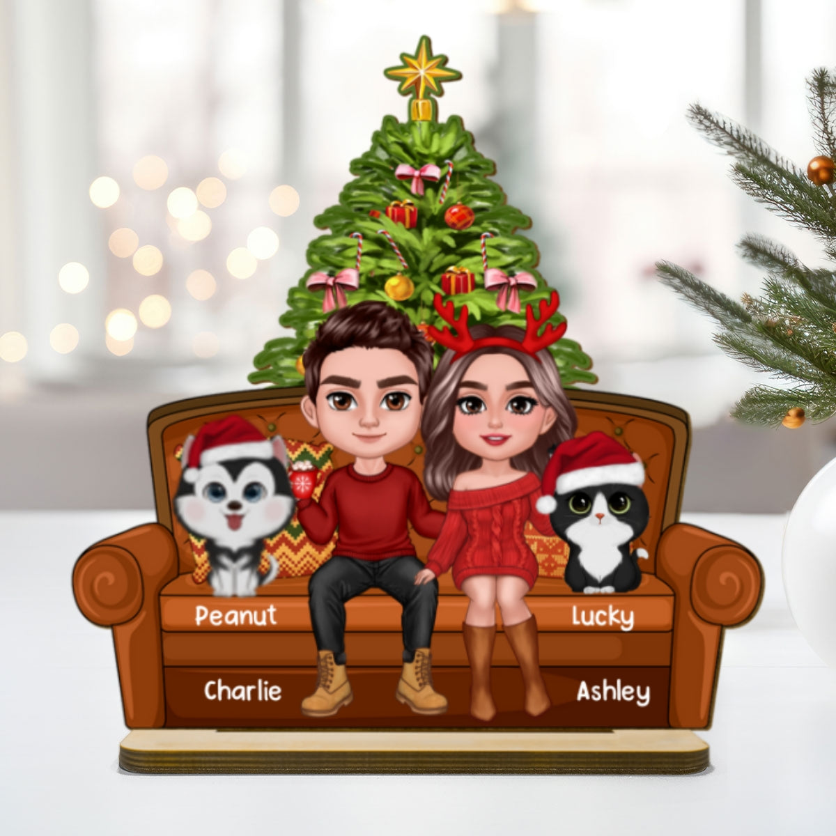 Christmas Couple With Dog Cat Sitting On Sofa Personalized 2 Layer Wooden Plaque
