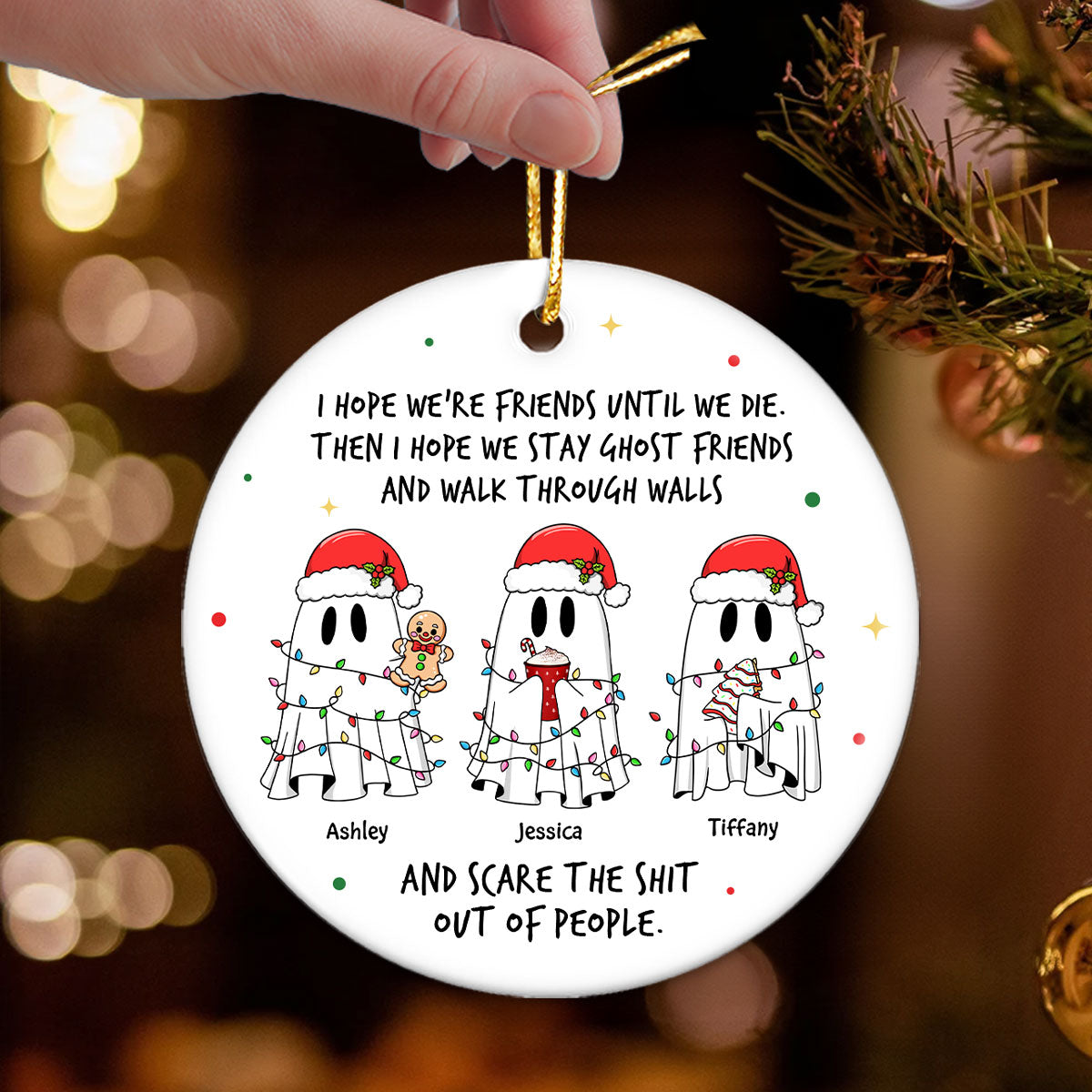 Ghost Friends Funny Christmas Gift Personalized Circle Ceramic Ornament, Christmas Gift for Best Friends, Besties, Coworkers