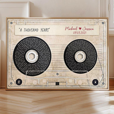 Vinyl Record Song Lyrics Sassette Tape Anniversary Music Personalized Poster, Gift for Him for Her Sustainable Heartfelt Gift, Valentines Day