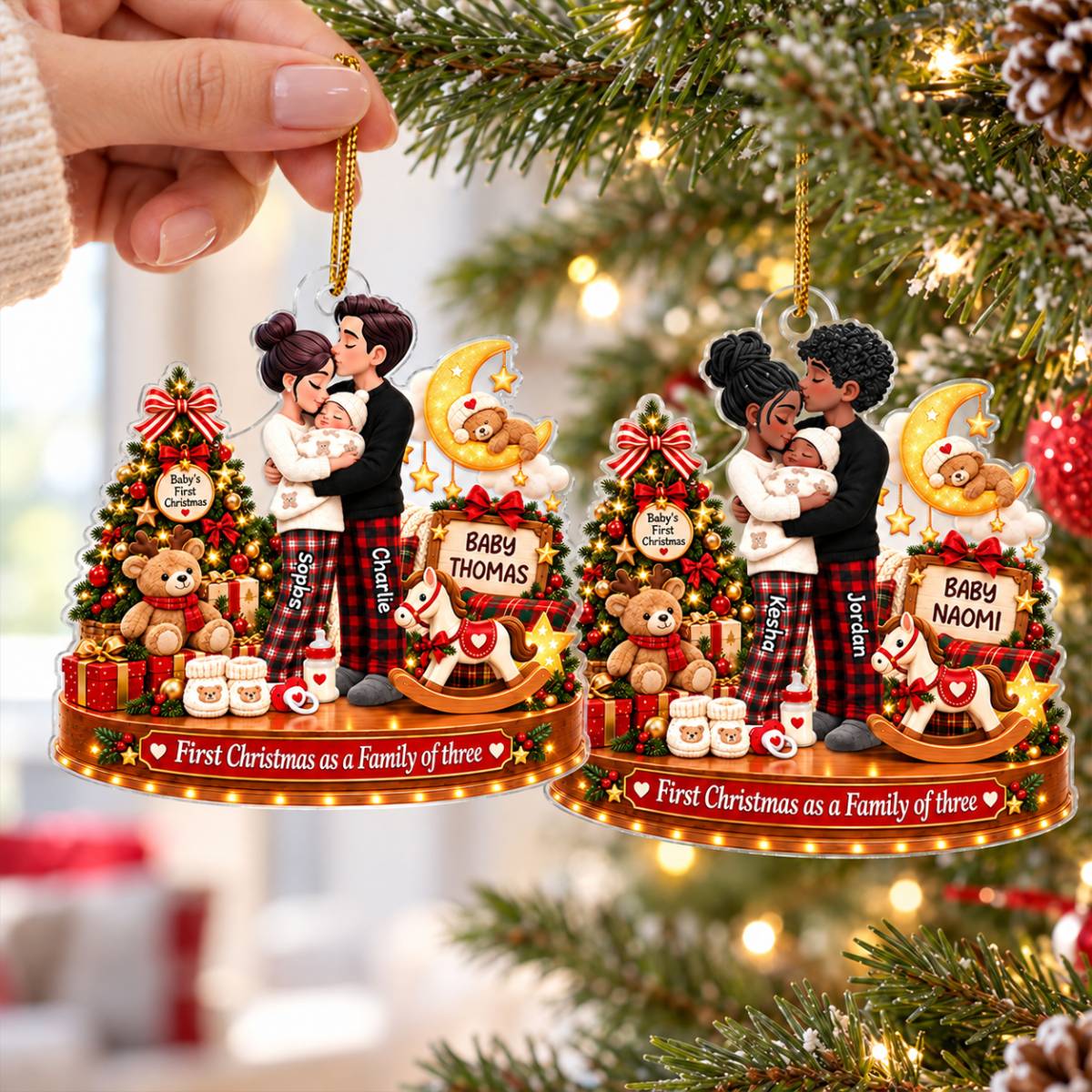 Heartwarming First Christmas As Family Of Three Newborn Baby - Personalized Acrylic Ornament - Christmas Keepsake, Gift For New Mom, New Dad, New Parents