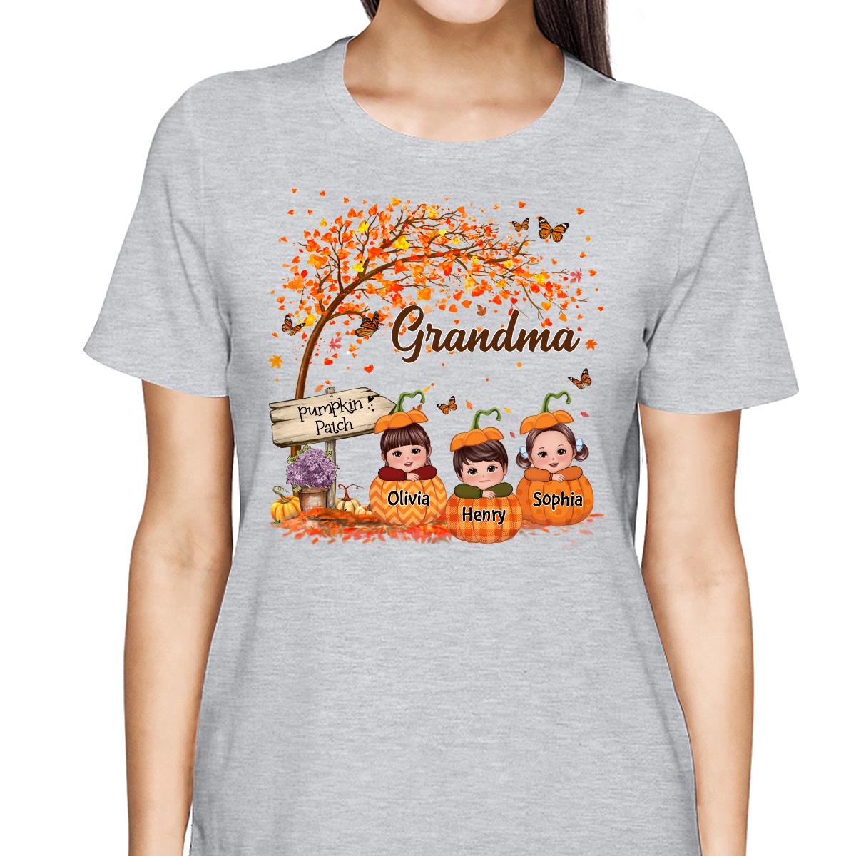 Grandma Mom Fall Season Kids Laying On Pumpkins Personalized Shirt
