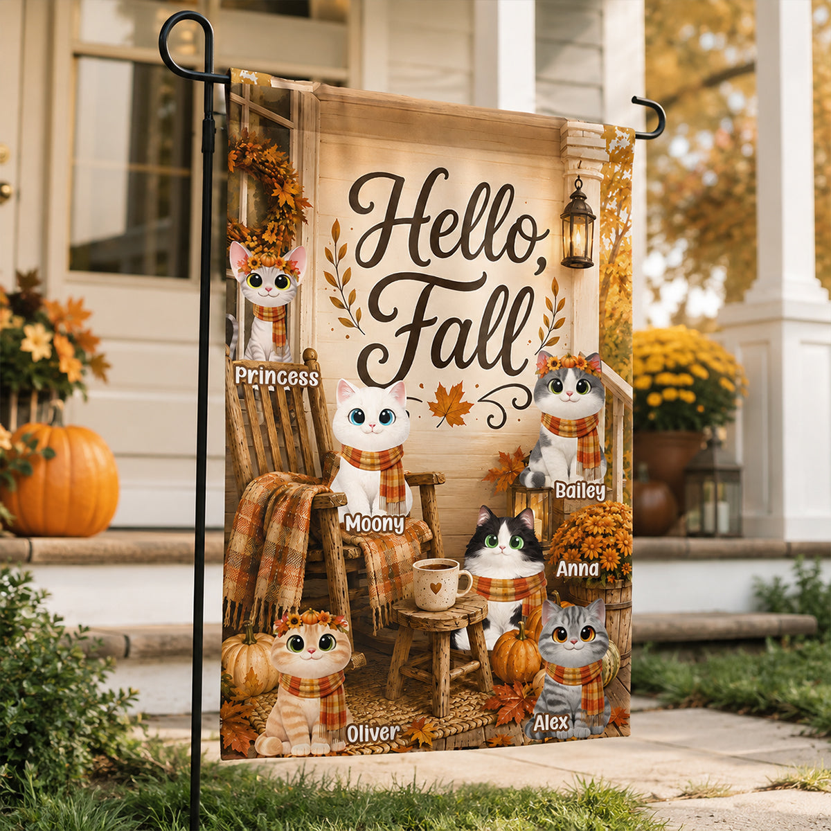 Hello Fall Cats Front Porch - Personalized Garden Flag - Fall Season Decor Gift, Gift For Cat Lovers