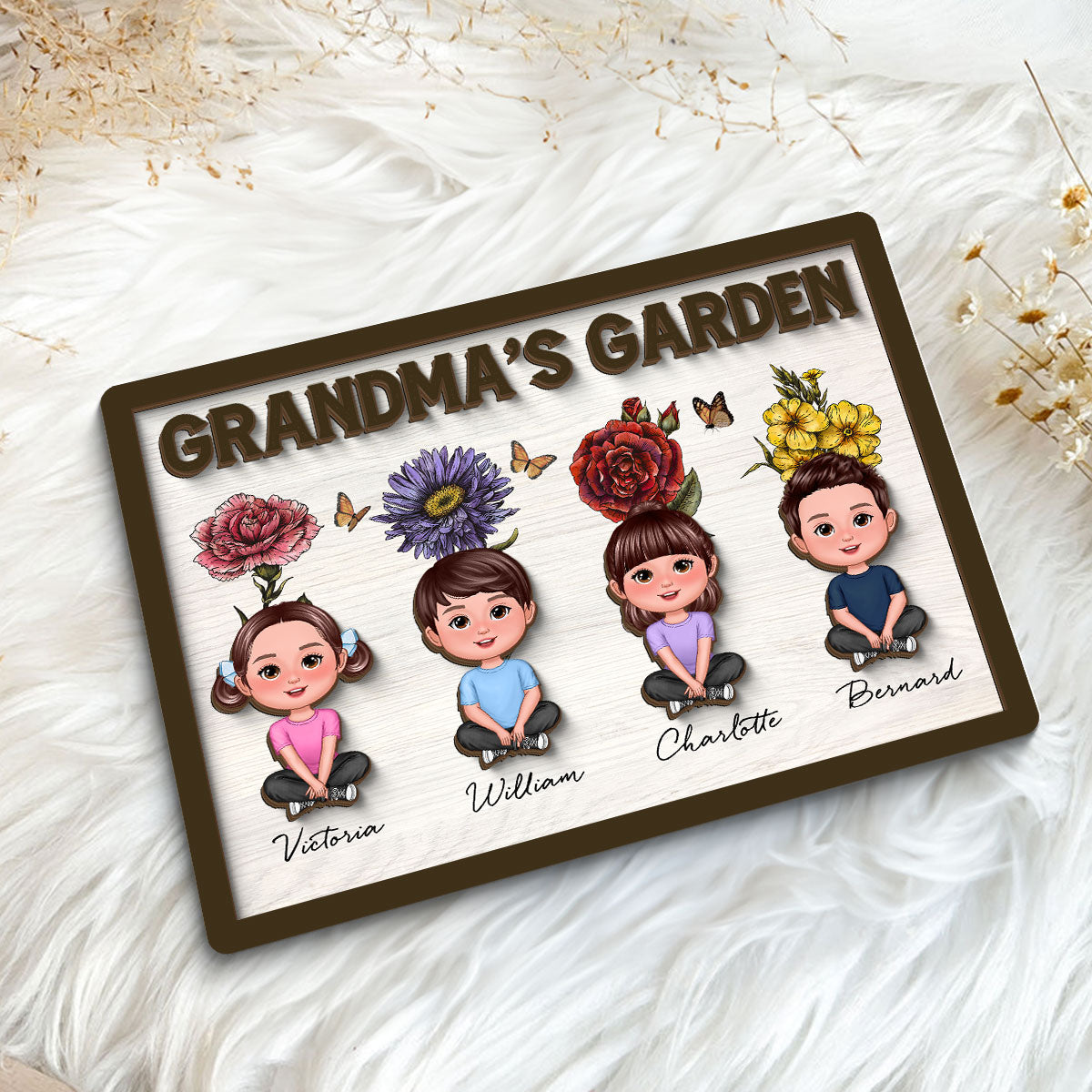 Grandma‘s Garden Grandkids With Birth Flower Behind Personalized 2-Layer Wooden Plaque