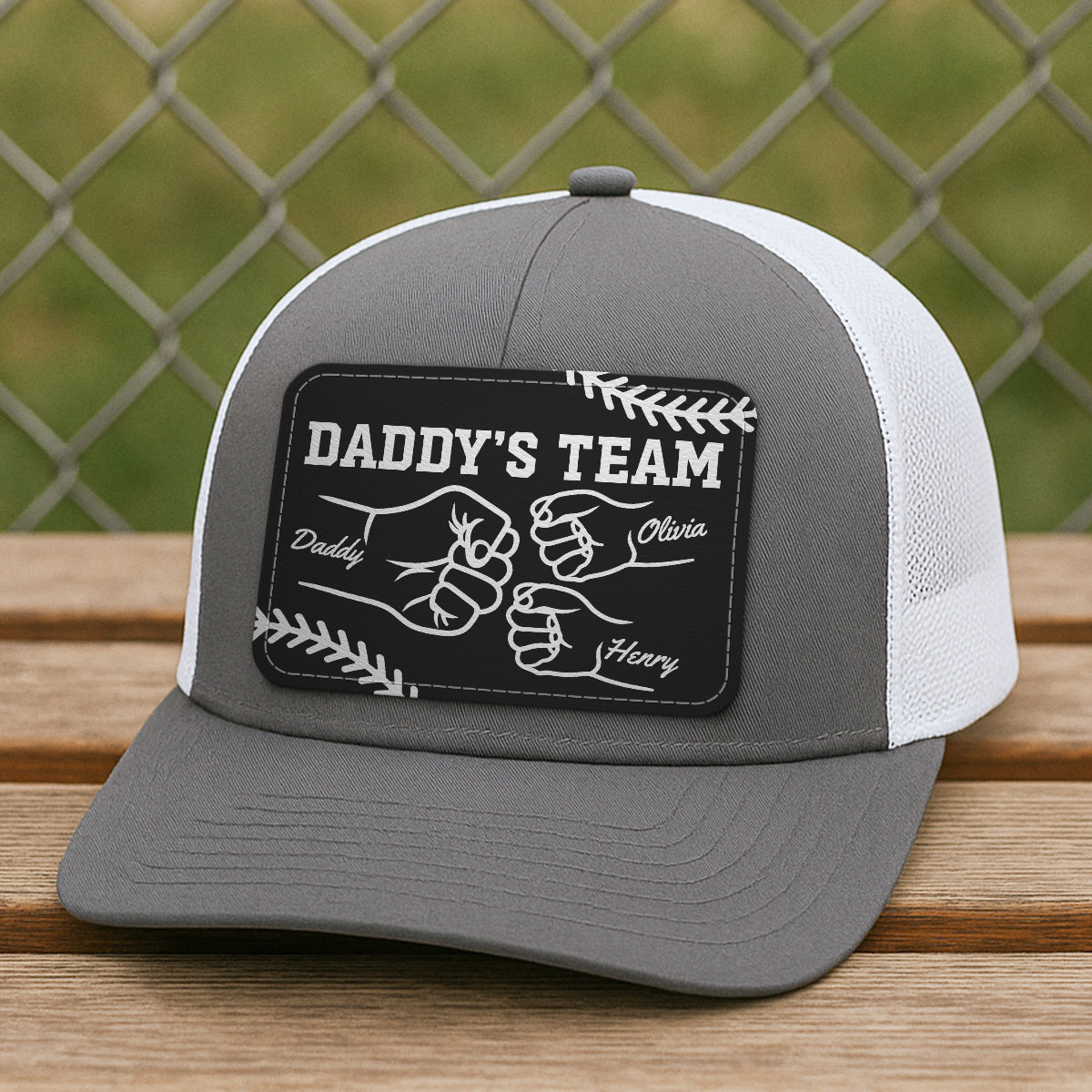 Baseball Daddy's Team Fist Bump Outline Personalized Leather Patch Hat