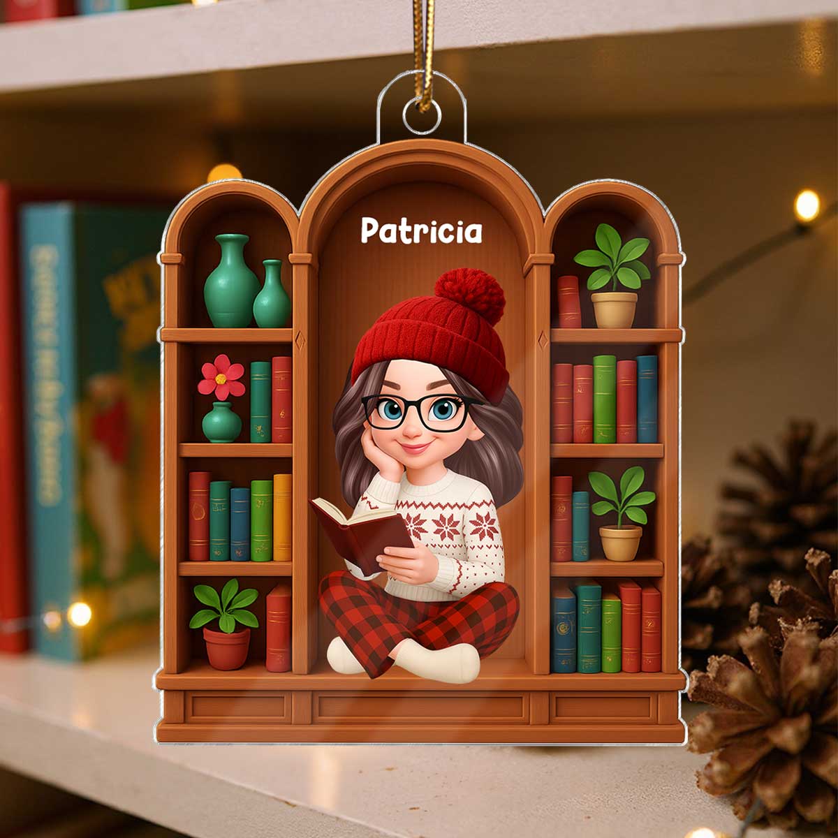 Christmas Cozy Vibe Pretty Girl Reading Book In Arched Bookshelf - Personalized Acrylic Ornament