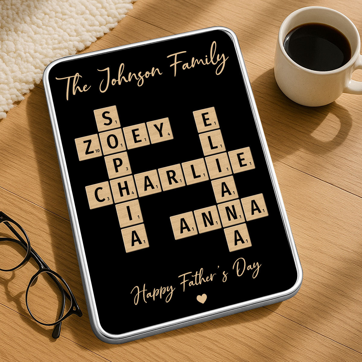Family Names Crossword Puzzle Art Personalized Mirrored Picture Frame, Gift For Dad, Mom