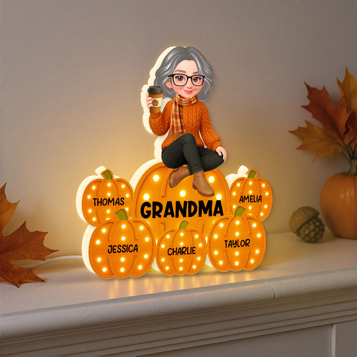 Fall Season Grandma Marquee Pattern Texture Pumpkins Kids Names Personalized LED Light Box