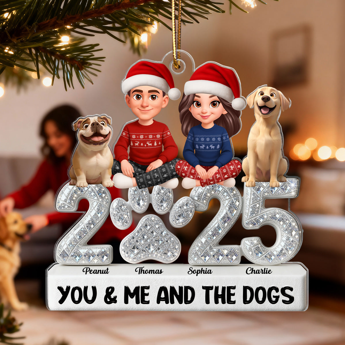 3D Shining Effect Christmas Couple You Me And The Dogs - Personalized Acrylic Ornament - Gift For Dog Lovers