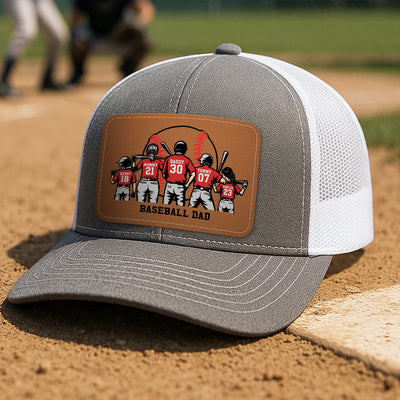 Baseball Dad And Kids Back View Silhoutte Personalized Leather Pacth Hat, Father's Day gift