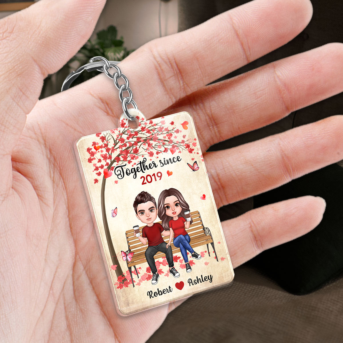 Realistic Doll Couple Under Tree Favorite Song Scannable QR Code Personalized Acrylic Keychain