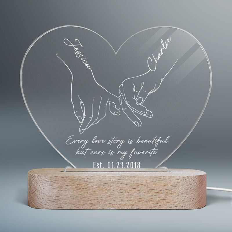 Simple Couple Name Hand In Hand Outline Personalized Heart Plaque with LED Night Light - Valentine‘s Day Gift - Anniversary Gift
