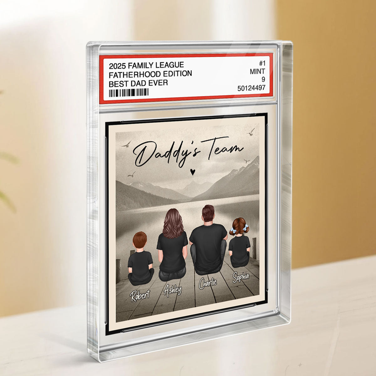 Daddy's Team Dad & Kids Sitting Trading Card Style Personalized Acrylic Block Plaque