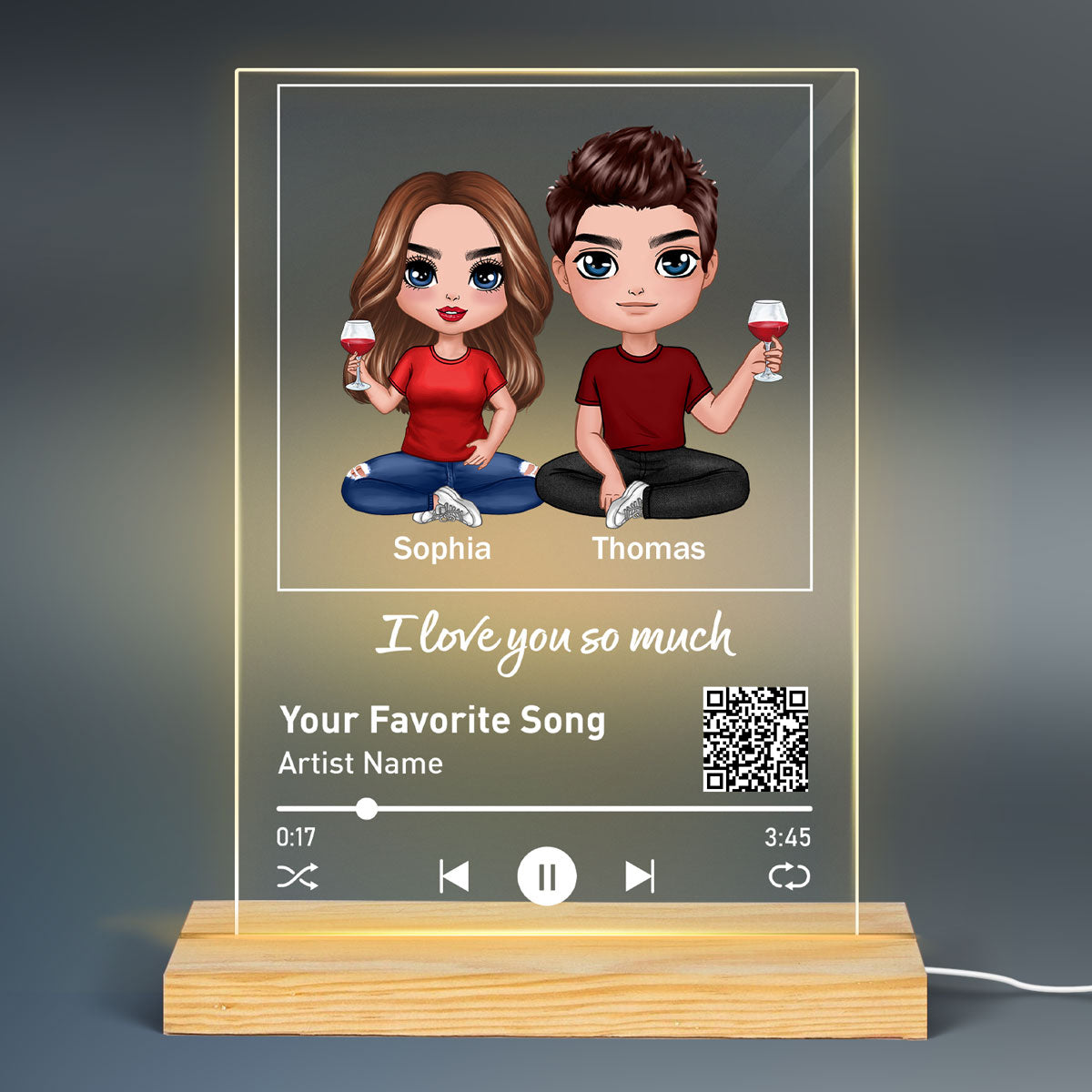 Doll Couple Sitting Favorite Love Song Scannable QR Code Personalized Rectangle Acrylic Plaque With LED Lamp Night Light