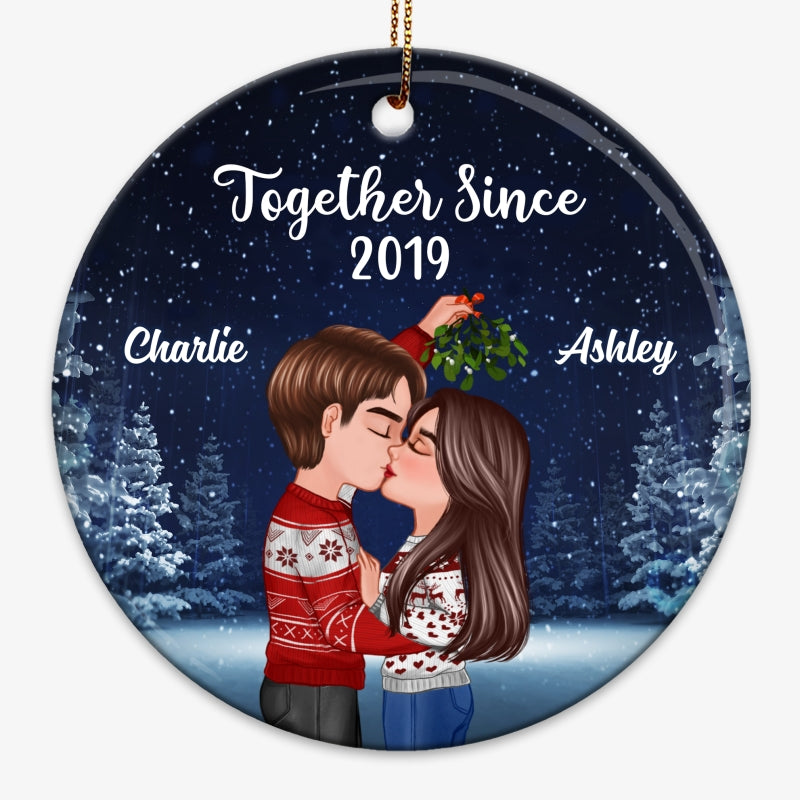 Couple Kissing Under Mistletoe Christmas Night Personalized Circle Ornament