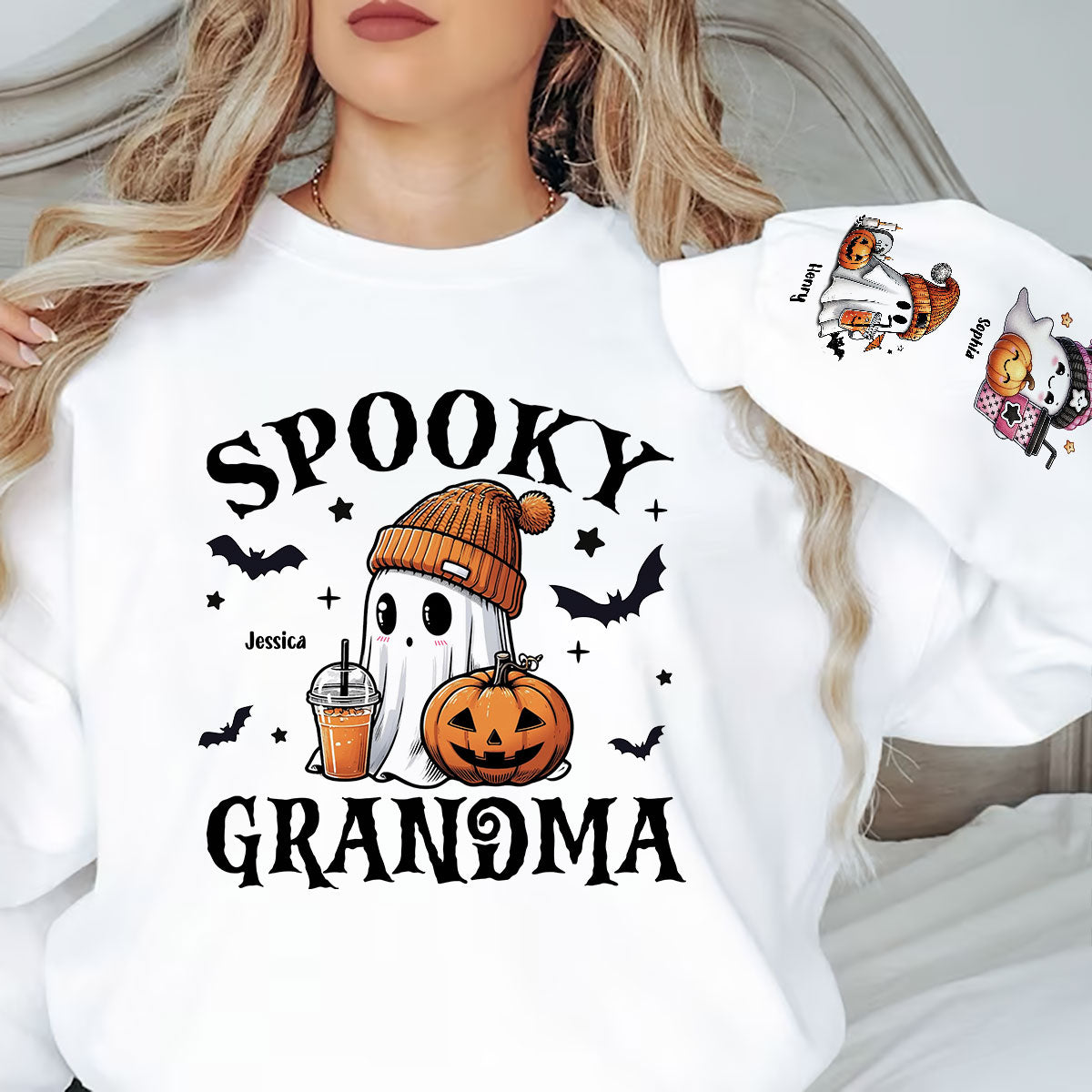 Halloween Grandma Mom Cute Boo Personalized Sleeve Printed Sweatshirt