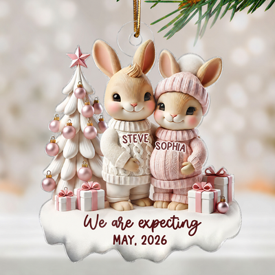 3D Effect Bunny Couple Pregnant Expecting New Baby Christmas Personalized Acrylic Ornament, Pregnancy Announcement Keepsake