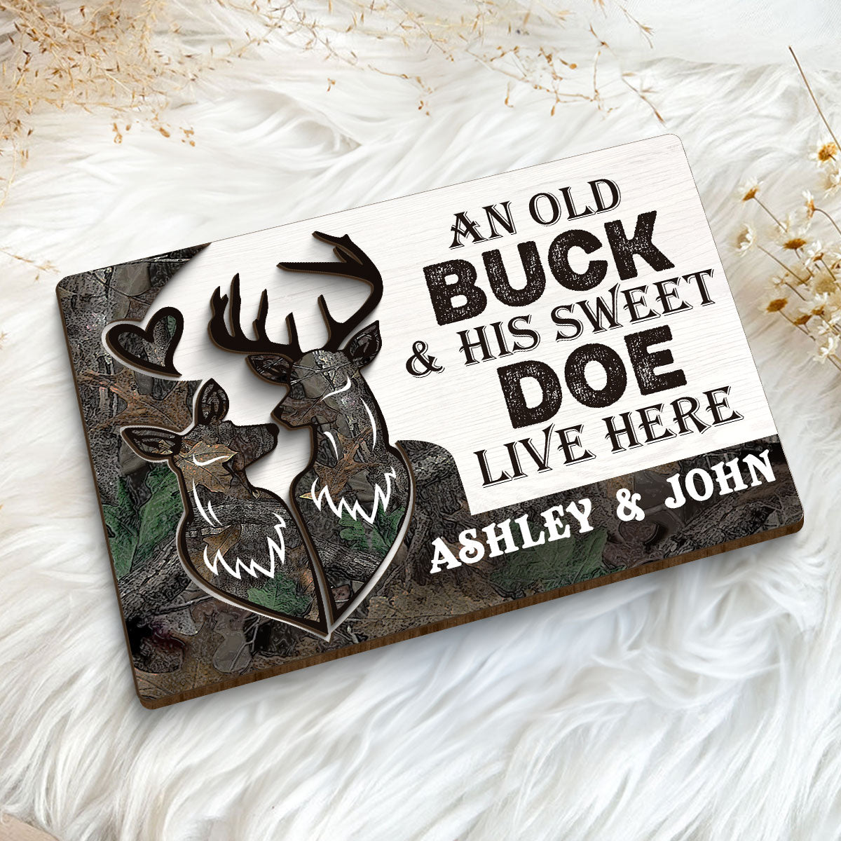 An Old Buck And His Sweet Doe Lives Here Personalized 2-Layer Wooden Plaque
