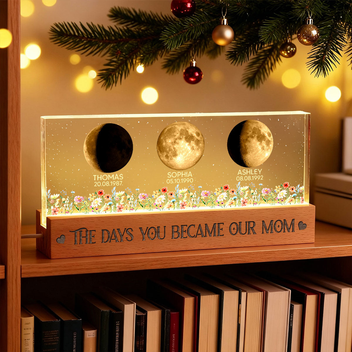 Floral Custom Birth Moon Phase The Day You Become Our Mom - Personalized Acrylic Block LED Night Light - Heartfelt Gift For Mom