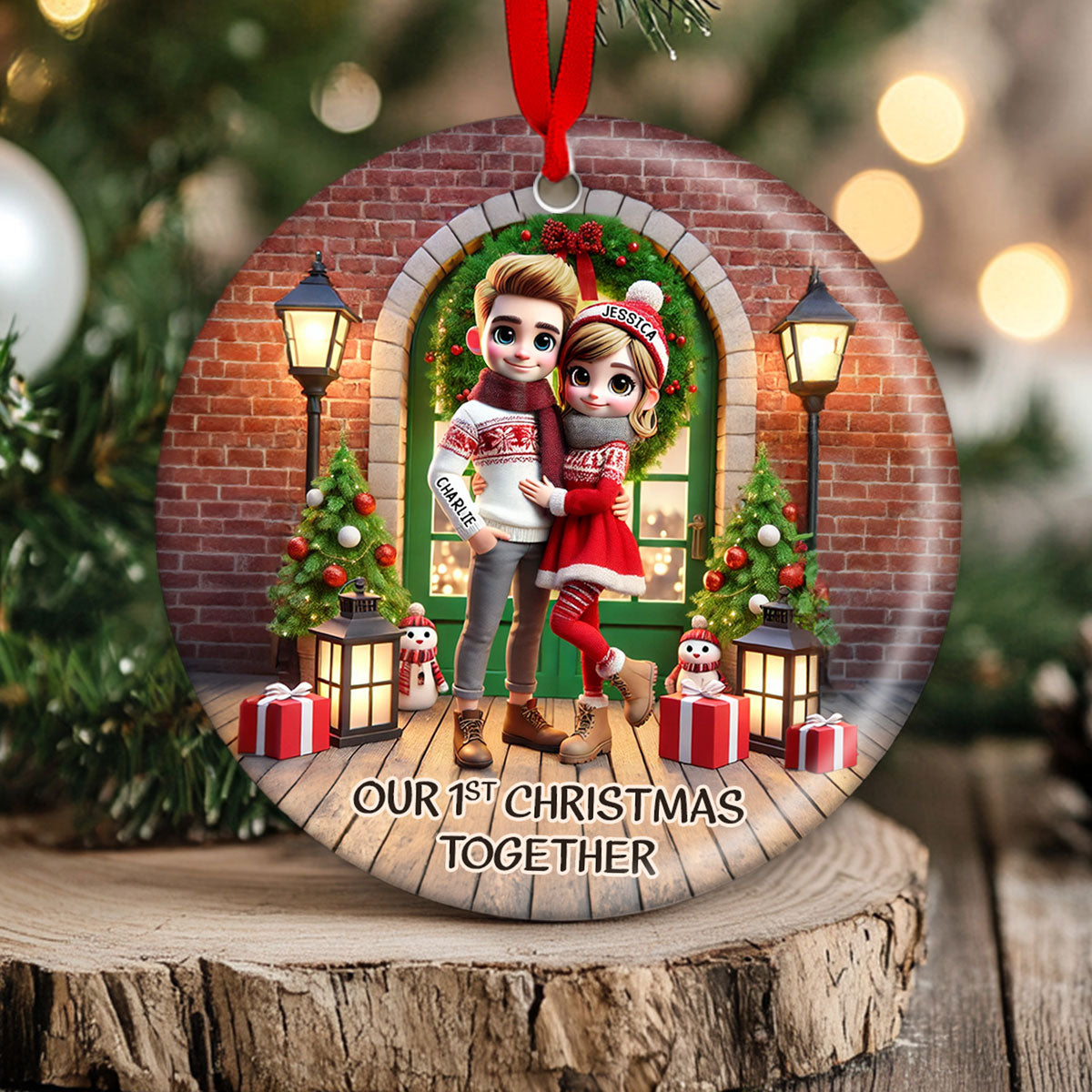 Cute Couple Standing In Front of Door Personalized Ceramic Ornament, Christmas Gift for Him, Gift for Her