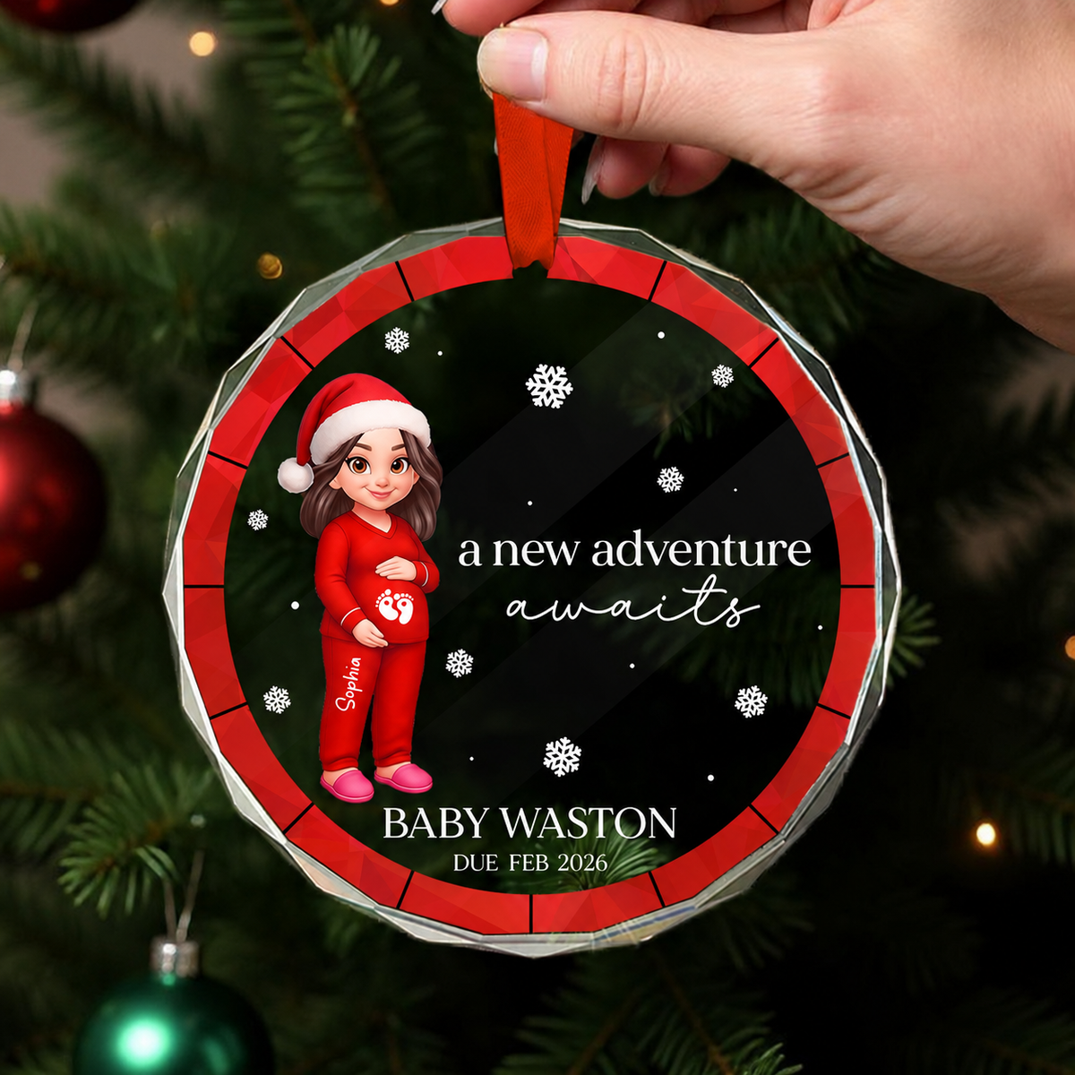 Christmas Pregnant Mom Baby Bump Pregnancy Expecting Baby Arriving - Personalized Glass Ornament