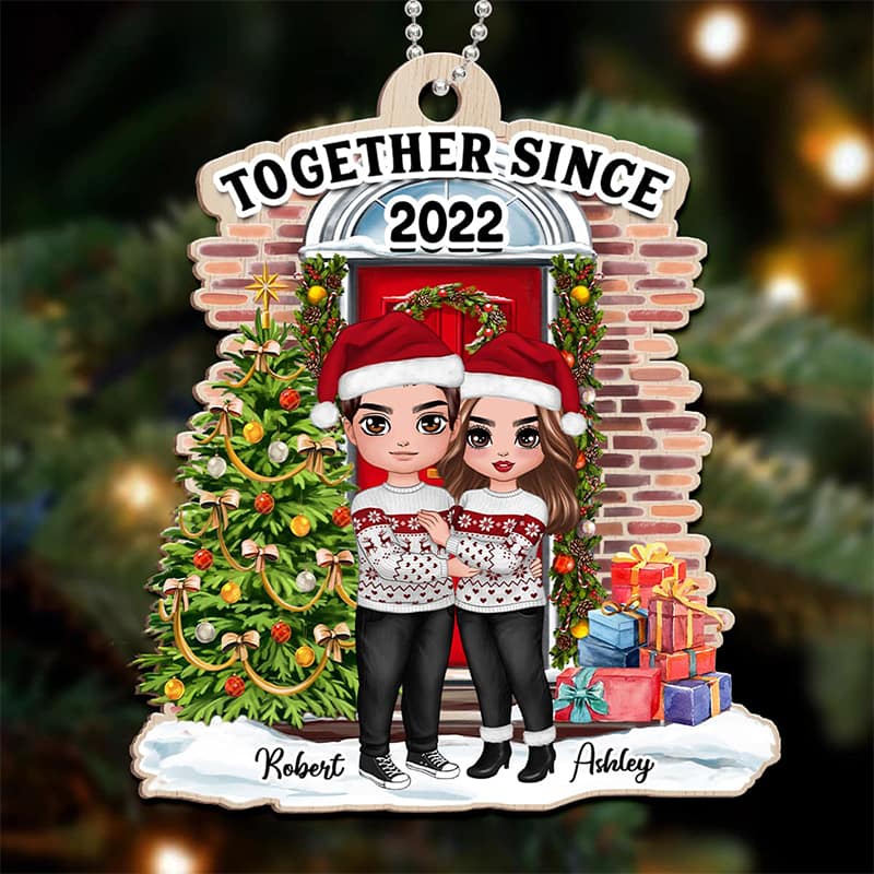 Doll Couple Hugging At The Front Porch Christmas Personalized Wooden Ornament