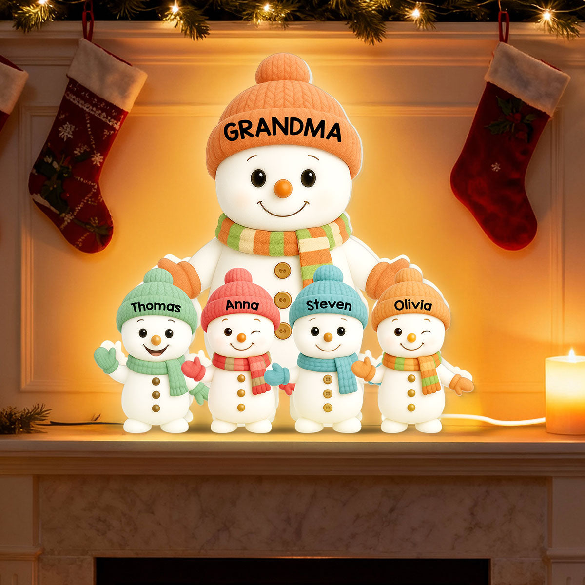 Pastel Color Christmas Grandma Grandkids Snowman Together - Personalized Light Box