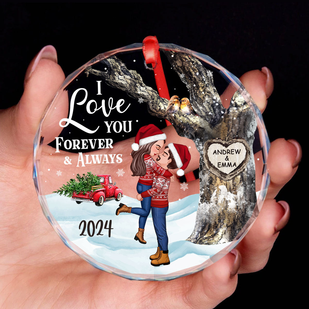 Couple Hugging Kissing Carved Heart Tree Personalized Glass Ornament, Christmas Gift For Him, For Her