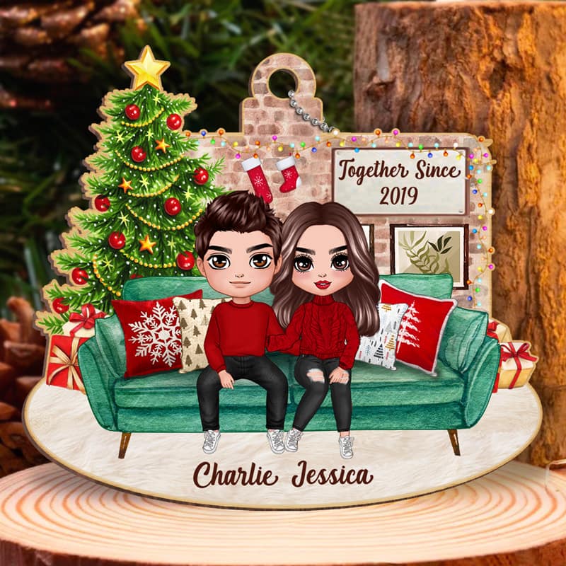 Couple Sitting On Sofa Christmas Personalized Wooden Ornament