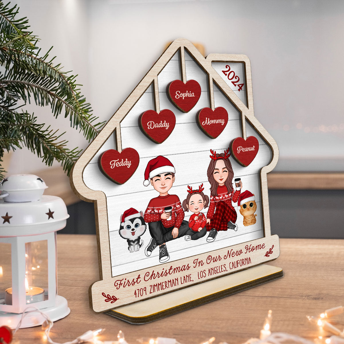 First Christmas In Our New Home Personalized 2 Layer Standing Wooden Plaque, Christmas Housewarming Gift
