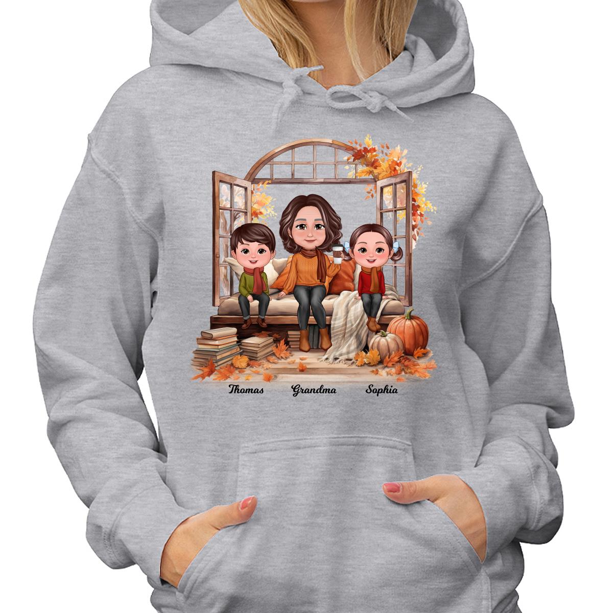 Grandma Grandkids Sitting On Sofa Cozy Fall Window Personalized Shirt