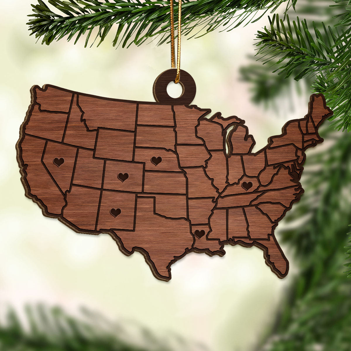 Family Close At Heart State USA Map Personalized Wooden Ornament