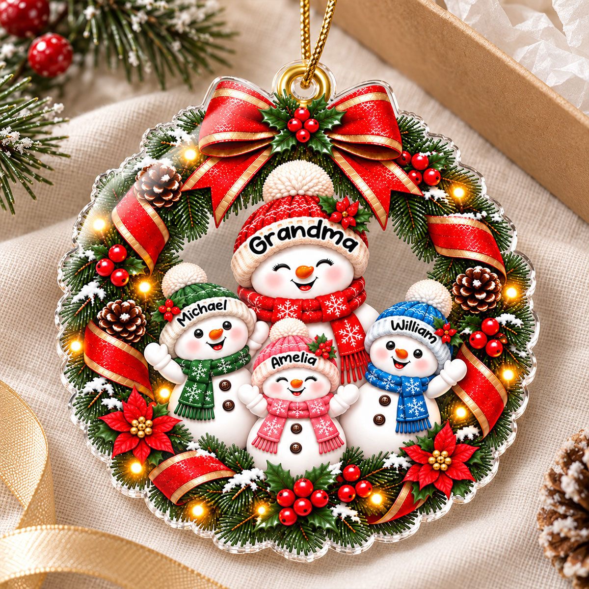Festive Grandma & Grandkids Snowman Wreath 2D Flat – Personalized Acrylic Ornament - Christmas Gift For Grandma, Grandparents & Family