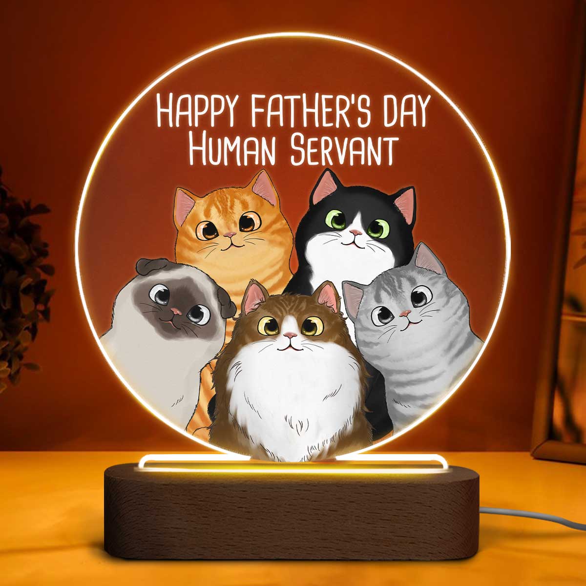 Happy Father‘s Day Human Servant Peeking Fluffy Cats Personalized Circle Acrylic Plaque LED Night Light