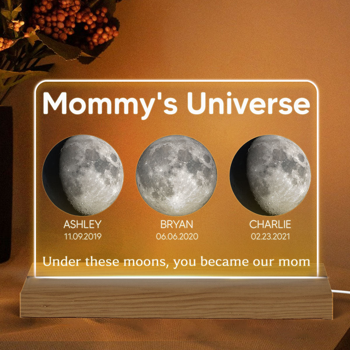 Mommy's Universe Birth Moon Phase Personalized Acrylic Plaque With Warm LED Night Light, Gift