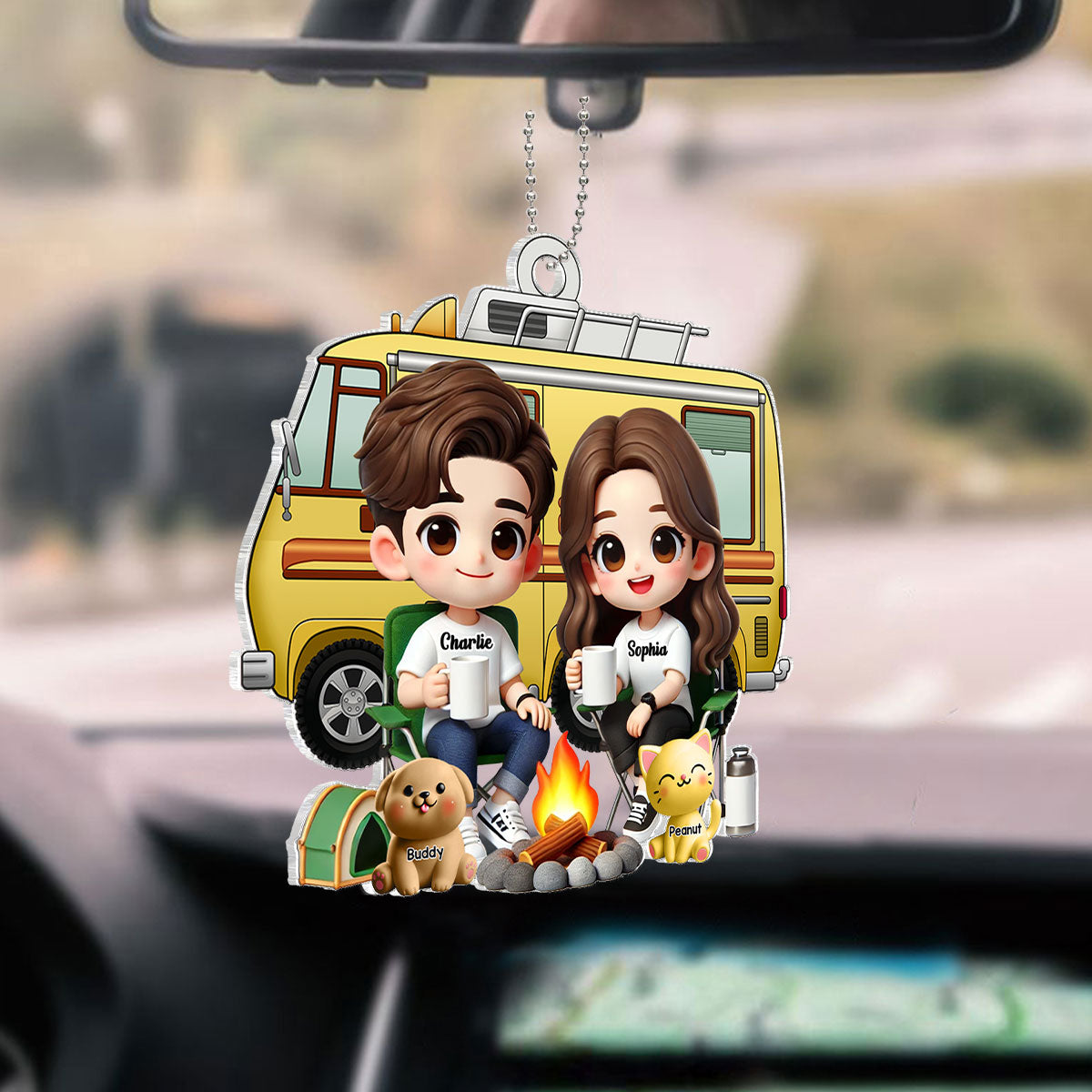 3D Effect Cute Cartoon Camping Couple And Dogs Cats Personalized Acrylic Car Hanger, Rear View Mirror, Valentine's Day, Anniversary, Birthday Gift for him, for her