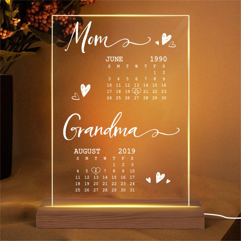 Mom Grandma Est Calendar Personalized Rectangle Acrylic LED Night Light