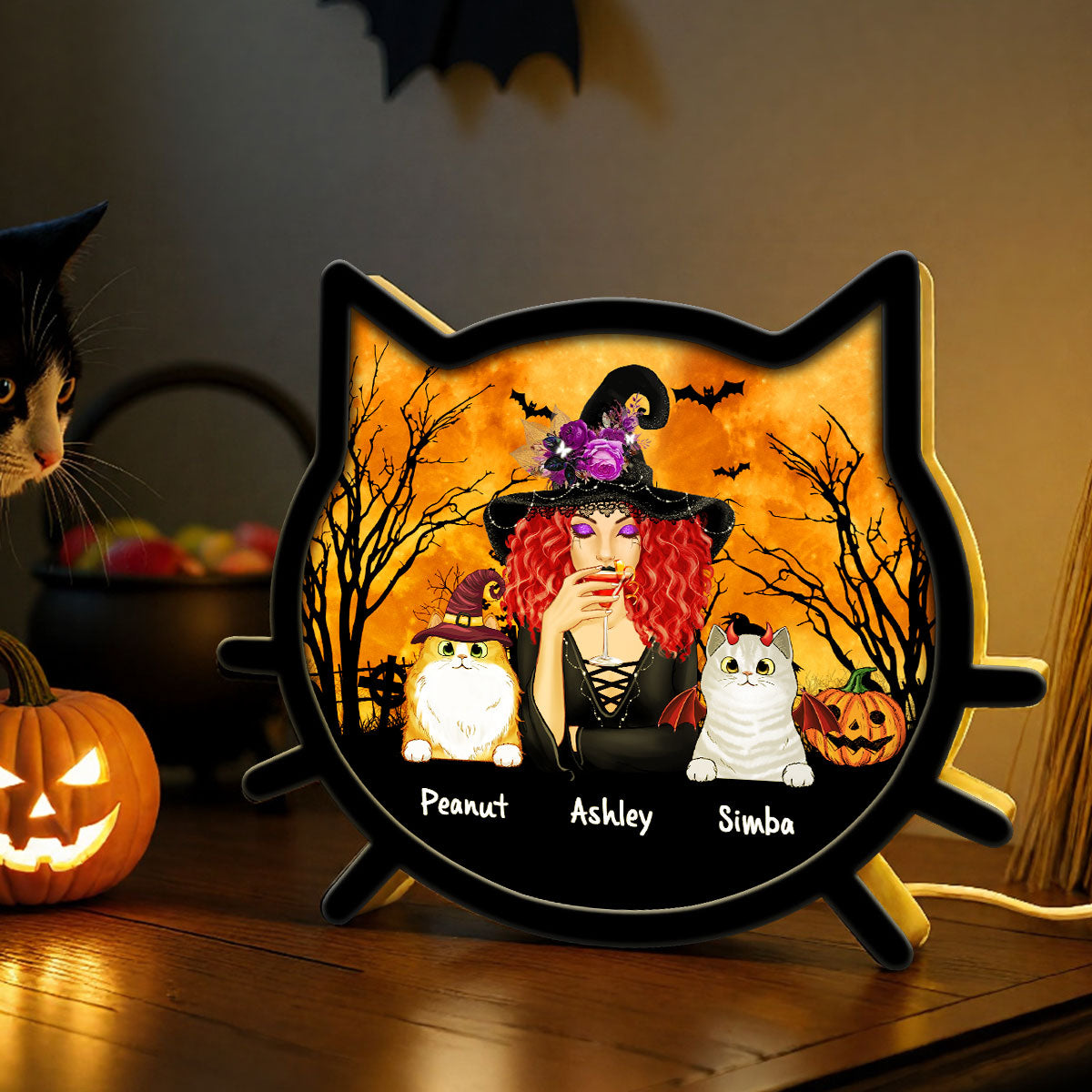 Spooky Halloween Theme Cat Mom Cat Face Personalized LED Light Box