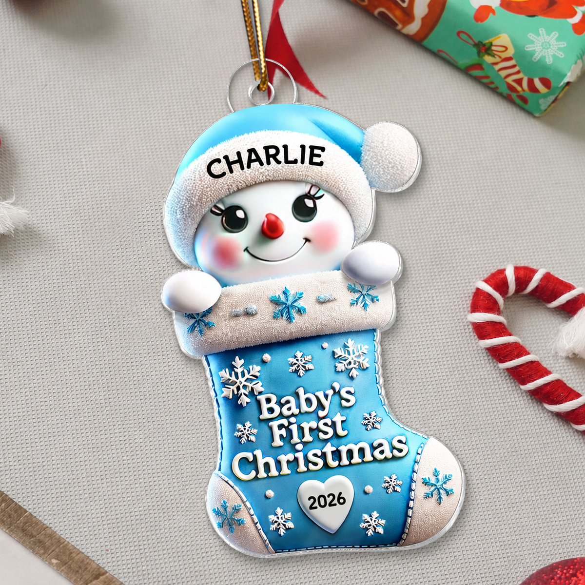Baby First Christmas Snowman On Stocking 1st Christmas Keepsake Personalized Acrylic Ornament