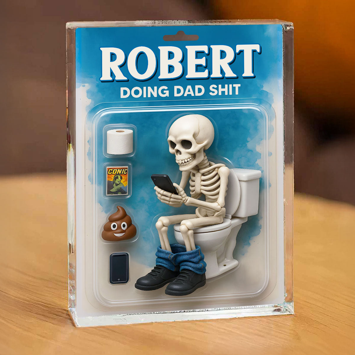 Doing Dad Sh*t, Funny Skeleton Toilet Custom Figure Toy Box Personalized Acrylic Block